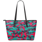 Pink Teal And Black Camouflage Print Leather Tote Bag