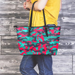 Pink Teal And Black Camouflage Print Leather Tote Bag