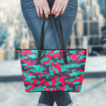 Pink Teal And Black Camouflage Print Leather Tote Bag