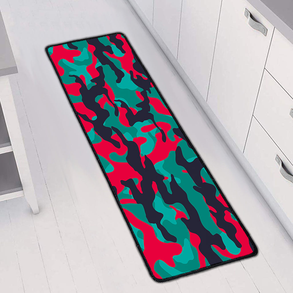 Pink Teal And Black Camouflage Print Long Kitchen Mat