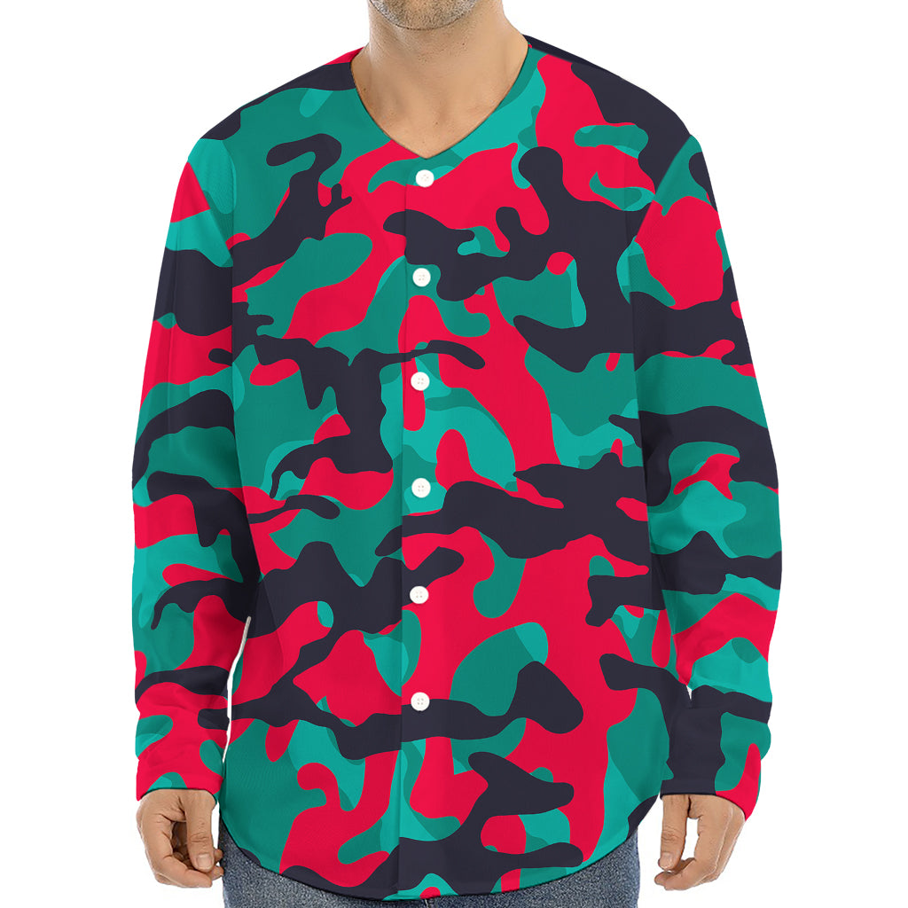 Pink Teal And Black Camouflage Print Long Sleeve Baseball Jersey