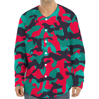 Pink Teal And Black Camouflage Print Long Sleeve Baseball Jersey