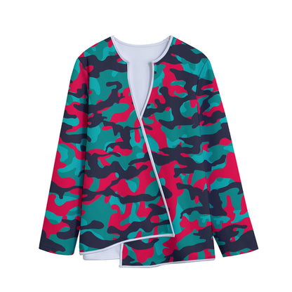 Pink Teal And Black Camouflage Print Long Sleeve Short Coat