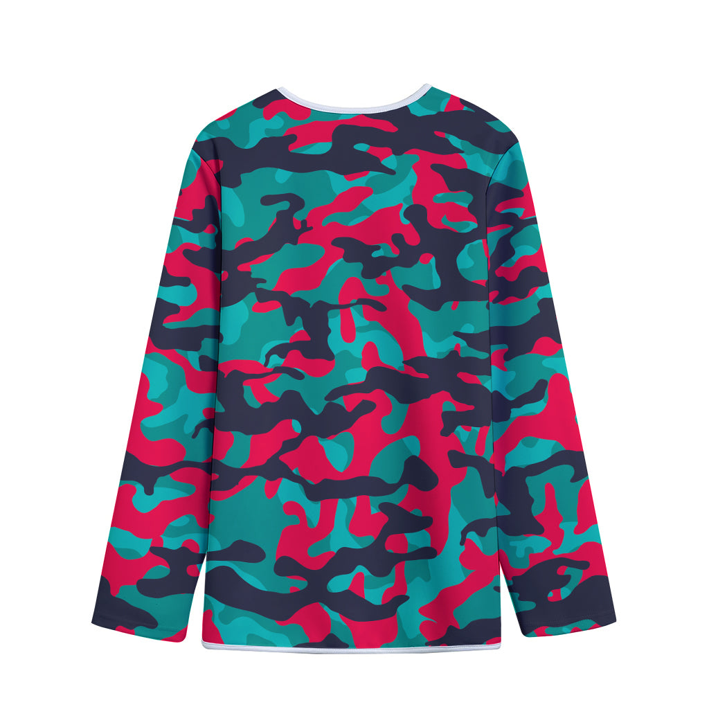 Pink Teal And Black Camouflage Print Long Sleeve Short Coat