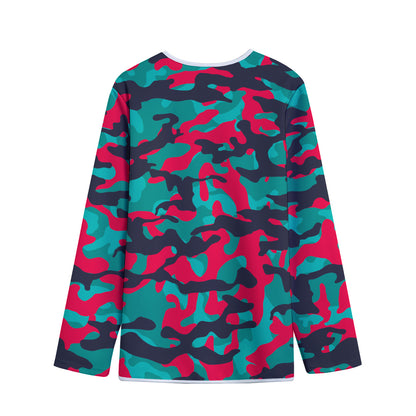 Pink Teal And Black Camouflage Print Long Sleeve Short Coat