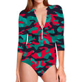 Pink Teal And Black Camouflage Print Long Sleeve Swimsuit