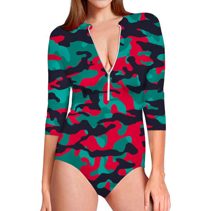 Pink Teal And Black Camouflage Print Long Sleeve Swimsuit