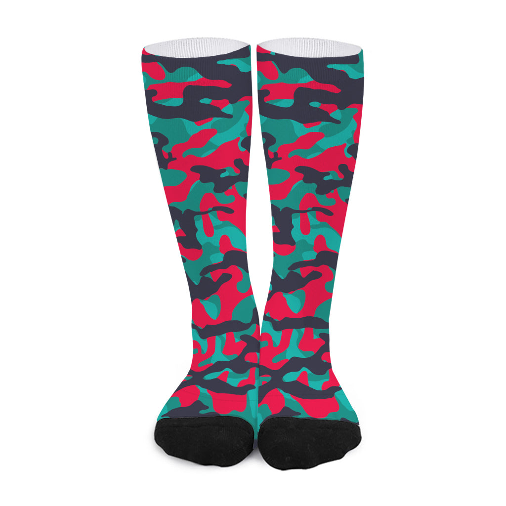 Pink Teal And Black Camouflage Print Long Socks