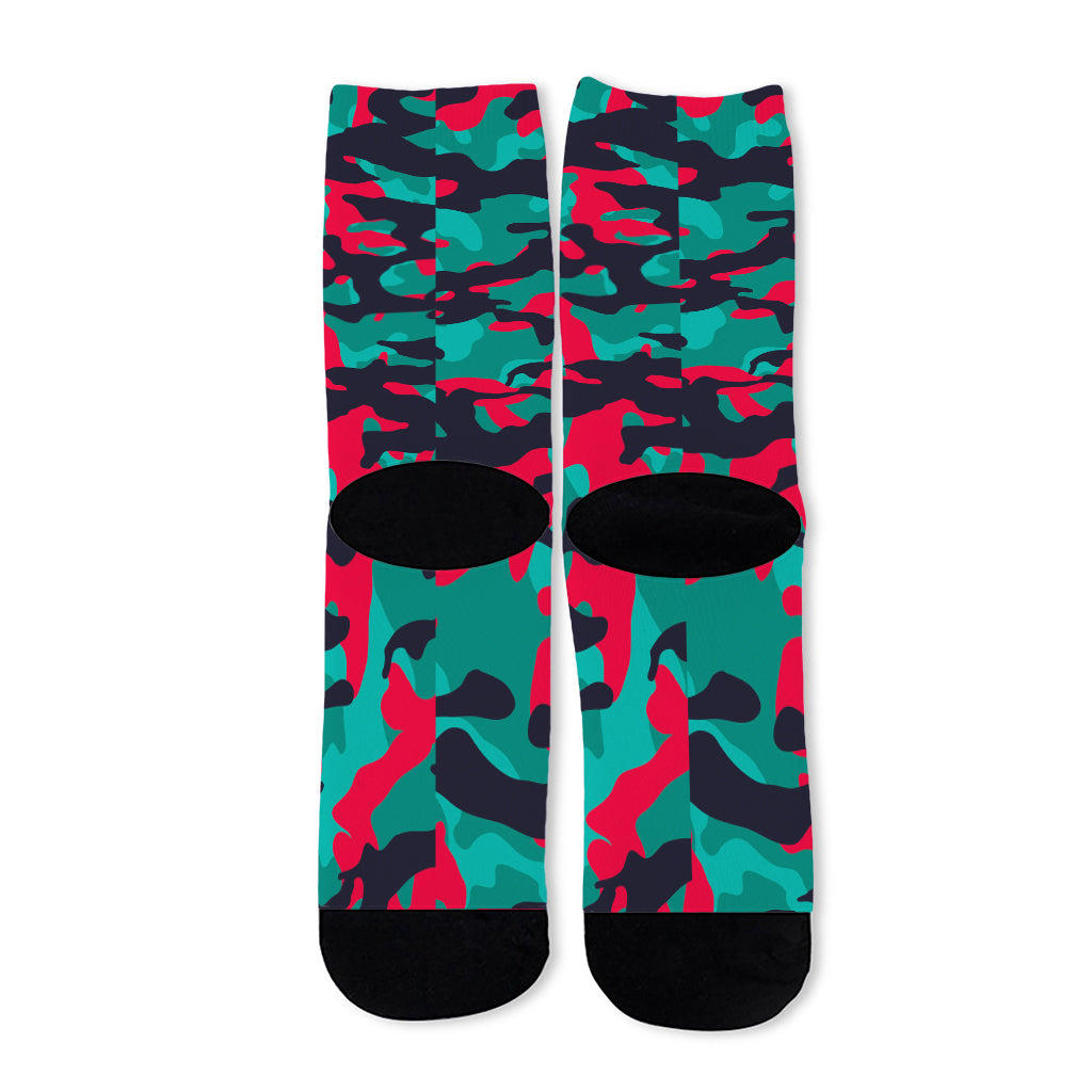 Pink Teal And Black Camouflage Print Long Socks
