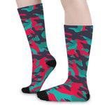 Pink Teal And Black Camouflage Print Long Socks