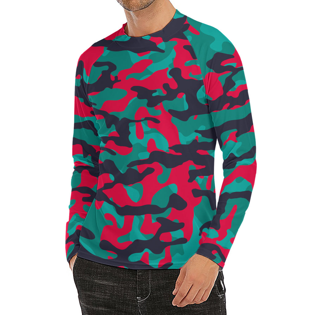 Pink Teal And Black Camouflage Print Men's Long Sleeve Rash Guard