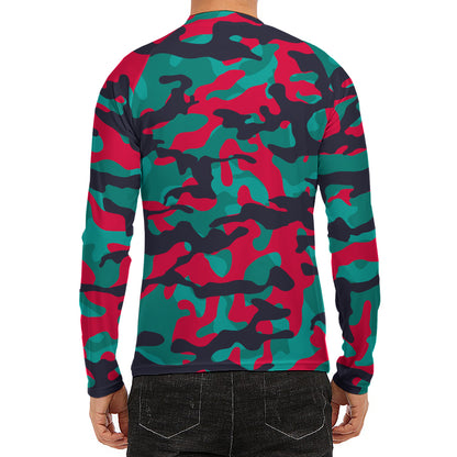 Pink Teal And Black Camouflage Print Men's Long Sleeve Rash Guard