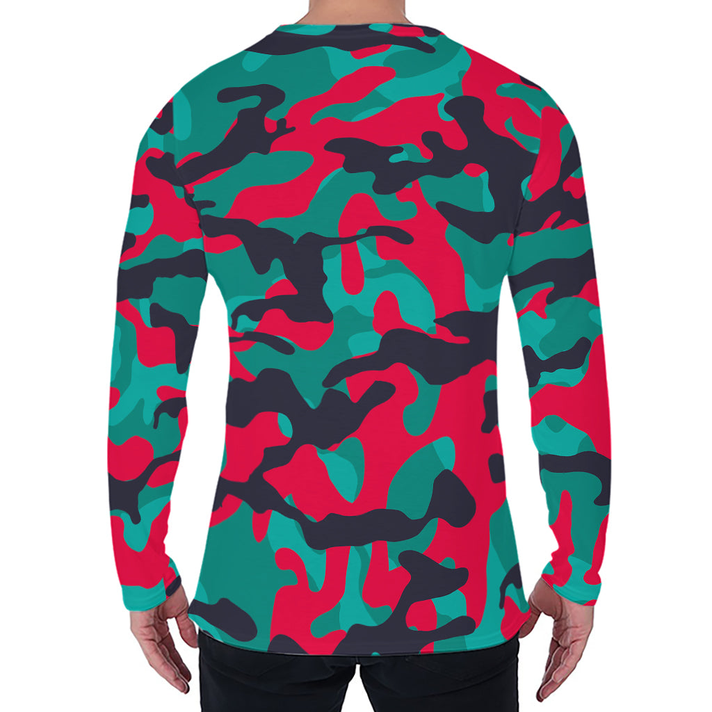 Pink Teal And Black Camouflage Print Men's Long Sleeve T-Shirt