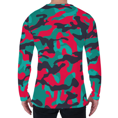Pink Teal And Black Camouflage Print Men's Long Sleeve T-Shirt