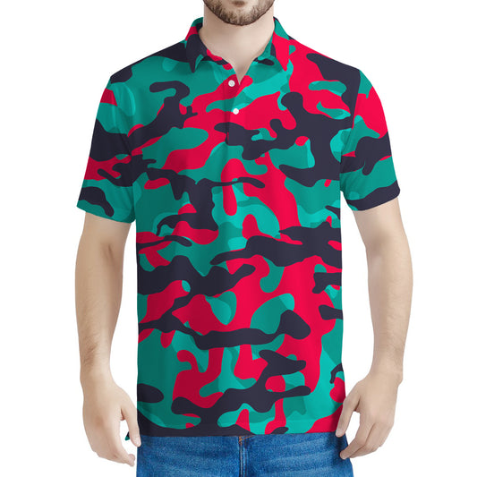 Pink Teal And Black Camouflage Print Men's Polo Shirt
