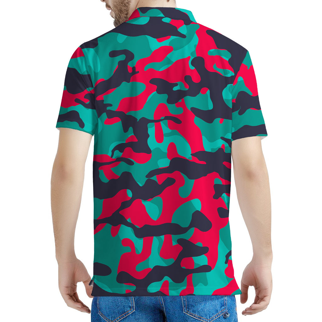 Pink Teal And Black Camouflage Print Men's Polo Shirt