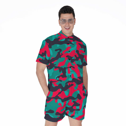 Pink Teal And Black Camouflage Print Men's Rompers