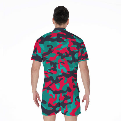 Pink Teal And Black Camouflage Print Men's Rompers