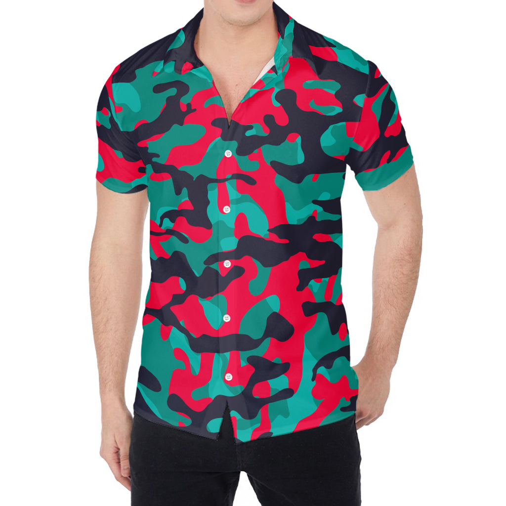 Pink Teal And Black Camouflage Print Men's Shirt