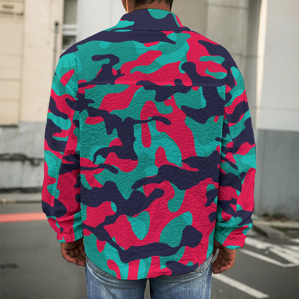 Pink Teal And Black Camouflage Print Men's Shirt Jacket