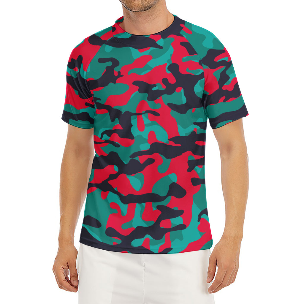 Pink Teal And Black Camouflage Print Men's Short Sleeve Rash Guard