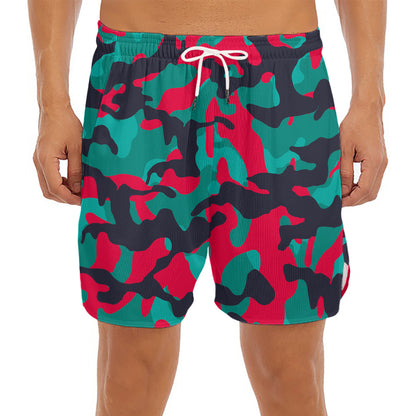 Pink Teal And Black Camouflage Print Men's Split Running Shorts