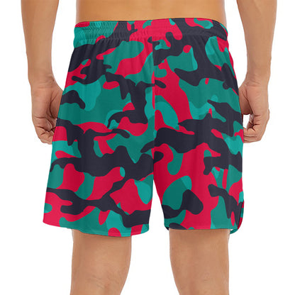 Pink Teal And Black Camouflage Print Men's Split Running Shorts
