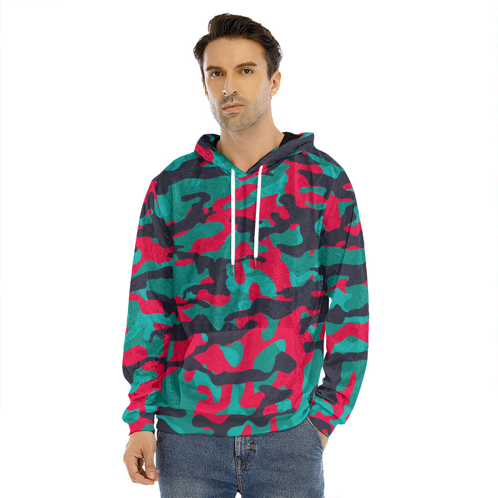 Pink Teal And Black Camouflage Print Men's Velvet Pullover Hoodie