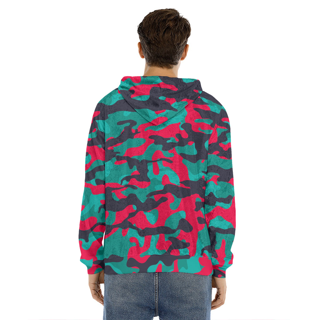 Pink Teal And Black Camouflage Print Men's Velvet Pullover Hoodie