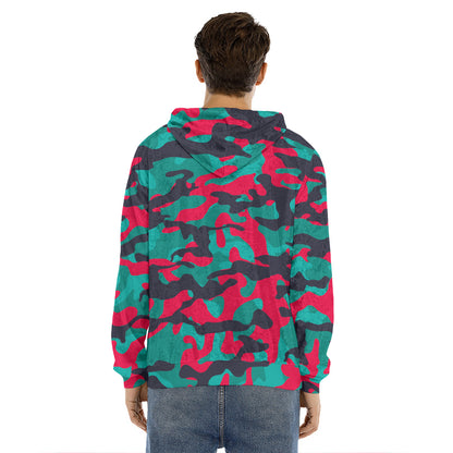 Pink Teal And Black Camouflage Print Men's Velvet Pullover Hoodie