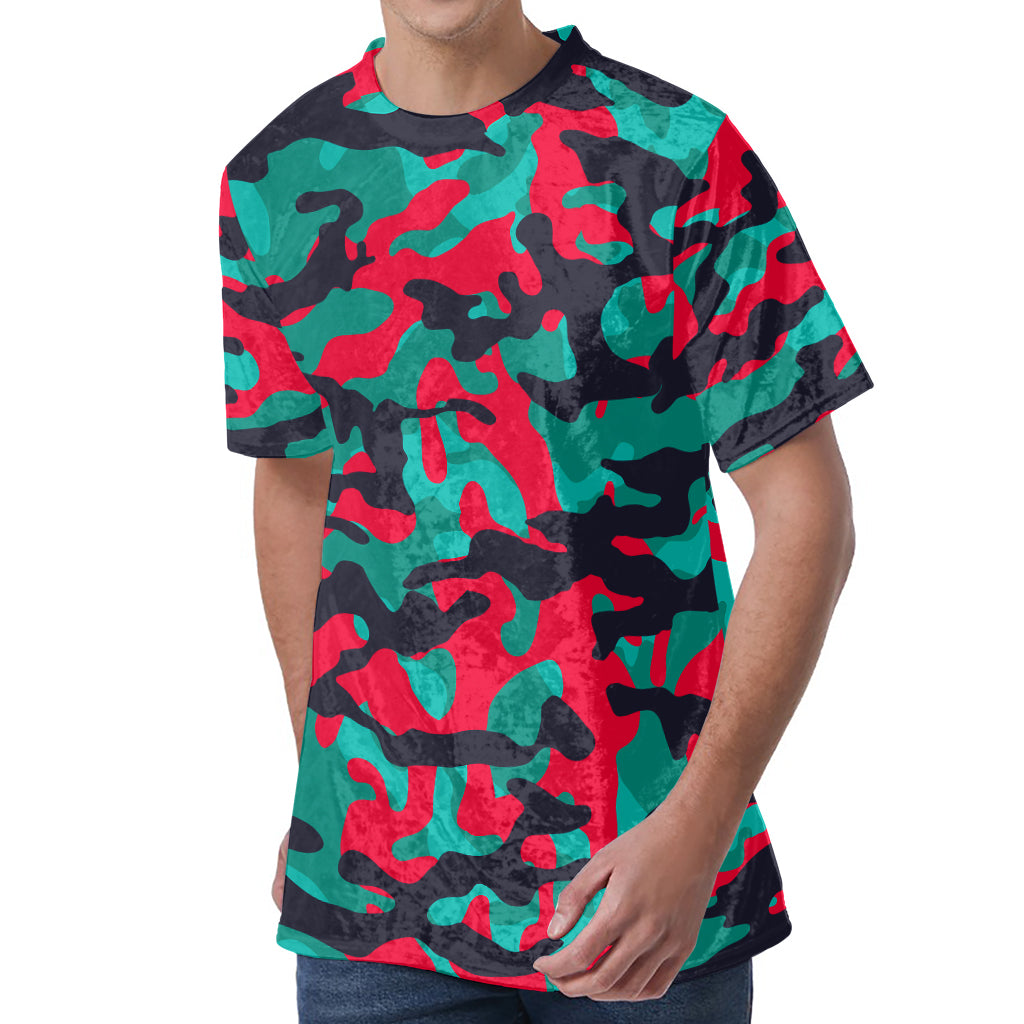 Pink Teal And Black Camouflage Print Men's Velvet T-Shirt