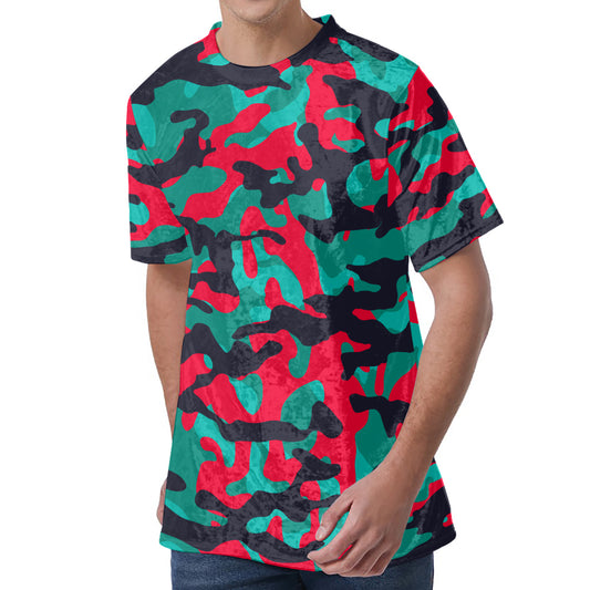 Pink Teal And Black Camouflage Print Men's Velvet T-Shirt