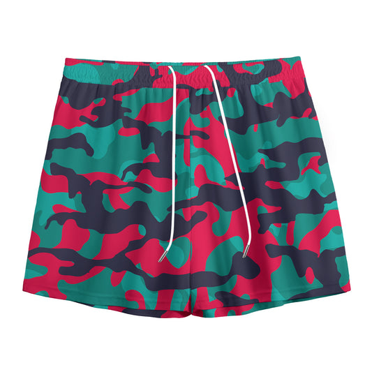 Pink Teal And Black Camouflage Print Mesh Shorts