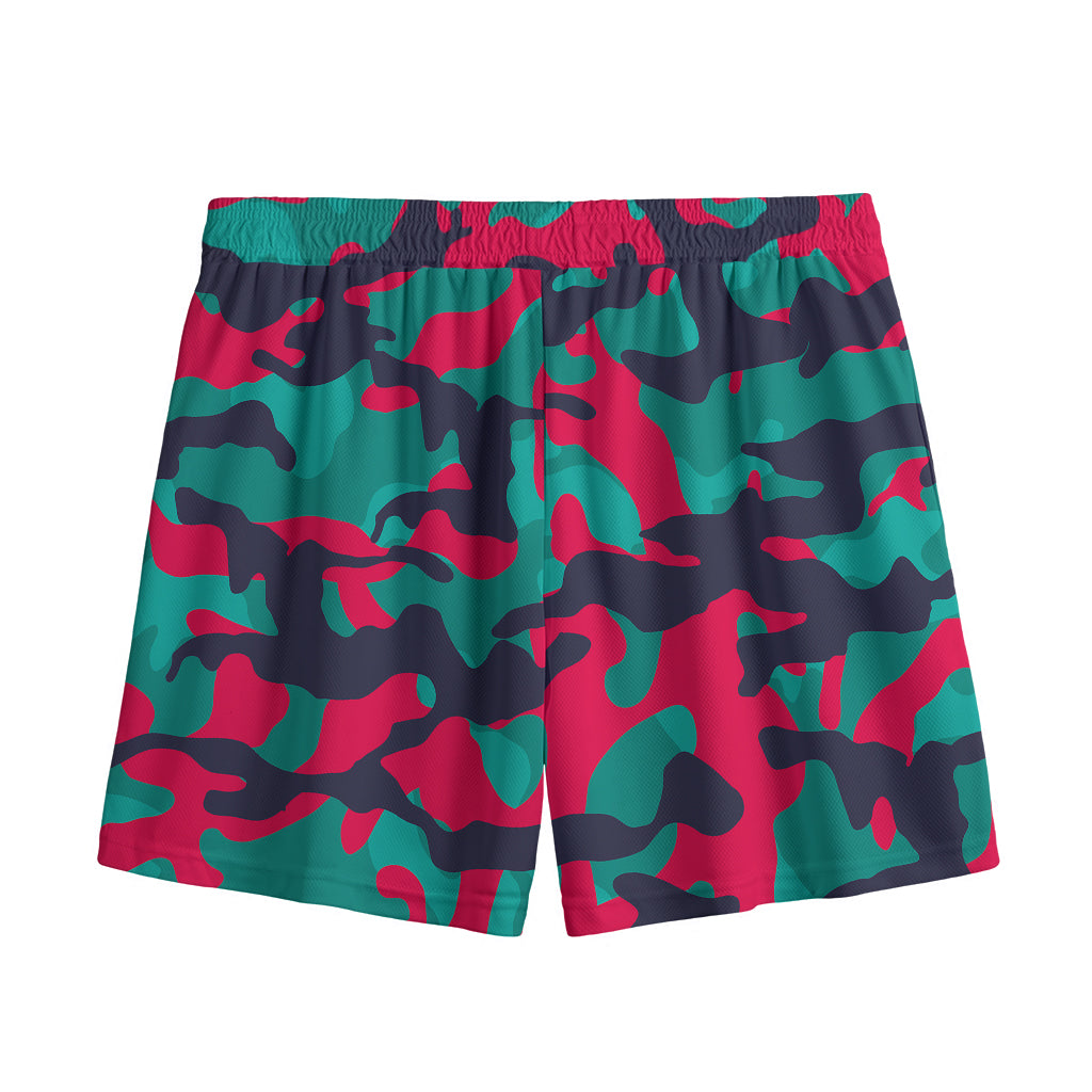 Pink Teal And Black Camouflage Print Mesh Shorts