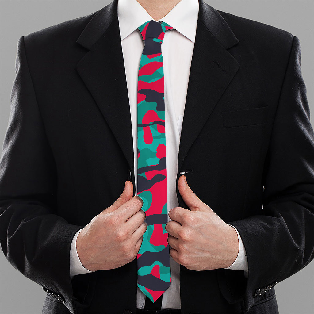 Pink Teal And Black Camouflage Print Necktie