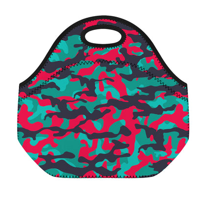 Pink Teal And Black Camouflage Print Neoprene Lunch Bag