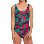 Pink Teal And Black Camouflage Print One Piece Swimsuit