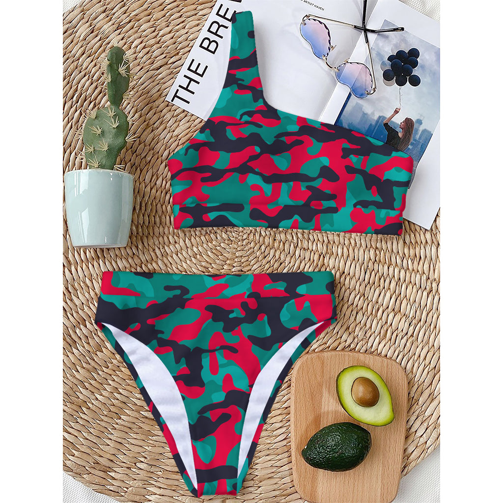 Pink Teal And Black Camouflage Print One Shoulder Bikini Top