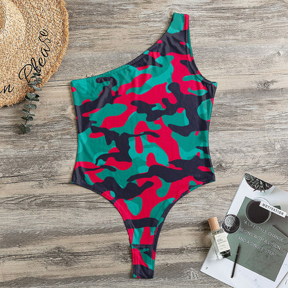 Pink Teal And Black Camouflage Print One Shoulder Bodysuit