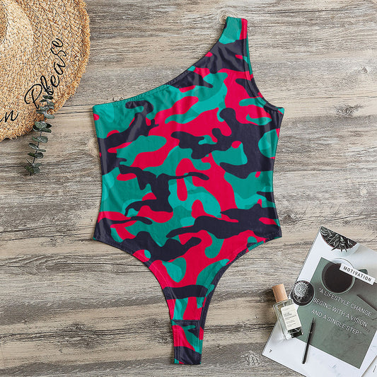 Pink Teal And Black Camouflage Print One Shoulder Bodysuit