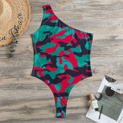 Pink Teal And Black Camouflage Print One Shoulder Bodysuit