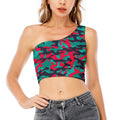 Pink Teal And Black Camouflage Print One Shoulder Crop Top