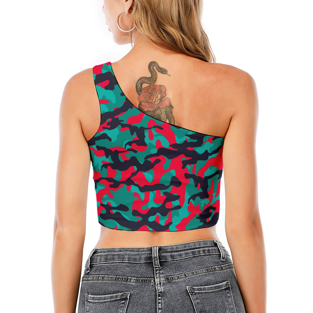 Pink Teal And Black Camouflage Print One Shoulder Crop Top