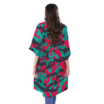 Pink Teal And Black Camouflage Print Open Front Beach Cover Up
