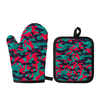 Pink Teal And Black Camouflage Print Oven Mitt And Pot Holder Set