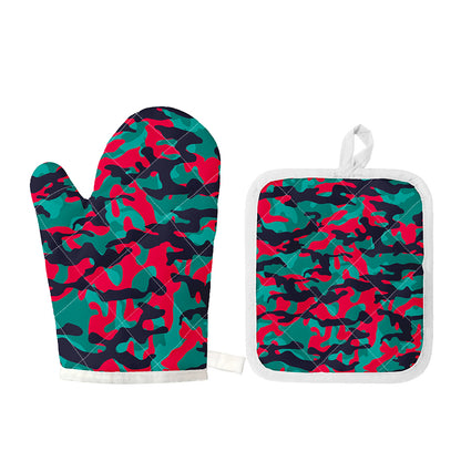 Pink Teal And Black Camouflage Print Oven Mitt And Pot Holder Set