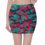 Pink Teal And Black Camouflage Print Pencil Mini Skirt