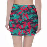 Pink Teal And Black Camouflage Print Pencil Mini Skirt