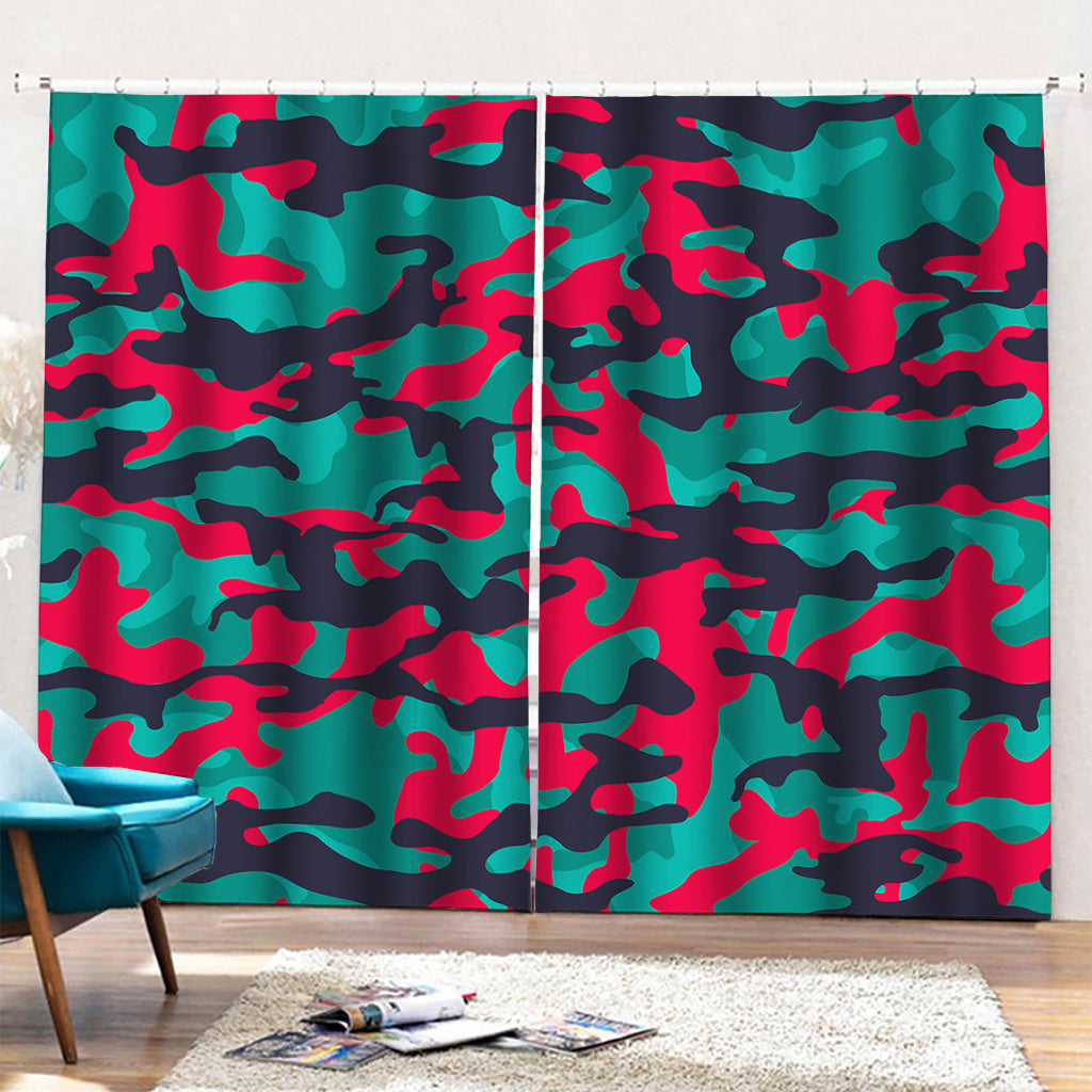 Pink Teal And Black Camouflage Print Pencil Pleat Curtains