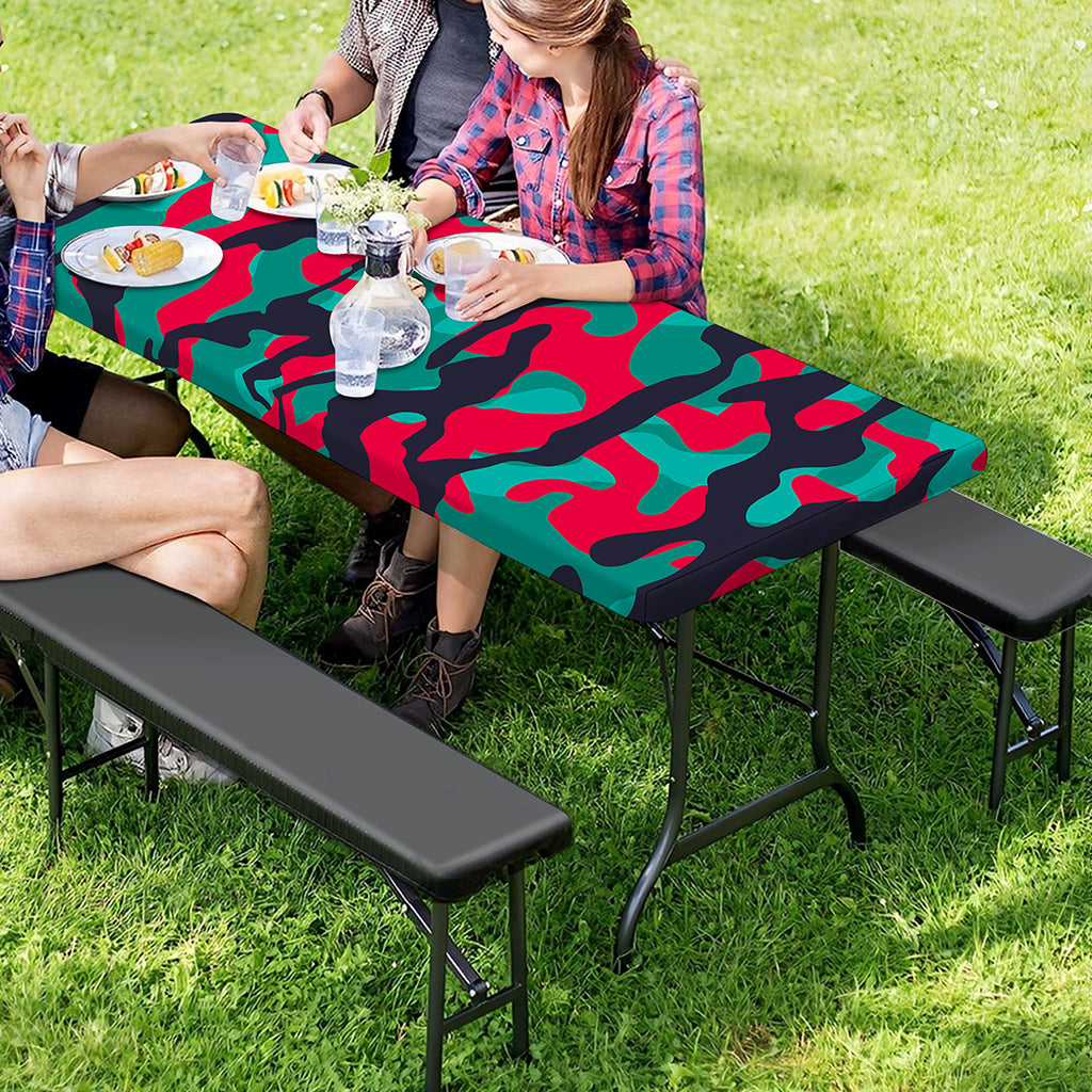 Pink Teal And Black Camouflage Print Picnic Table Cover